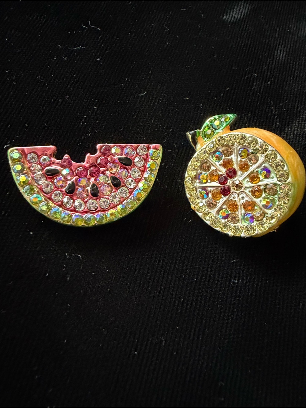 Vintage Rhinestone Fruit Brooch Lot - Watermelon Slice + Orange Citrus Pin Set